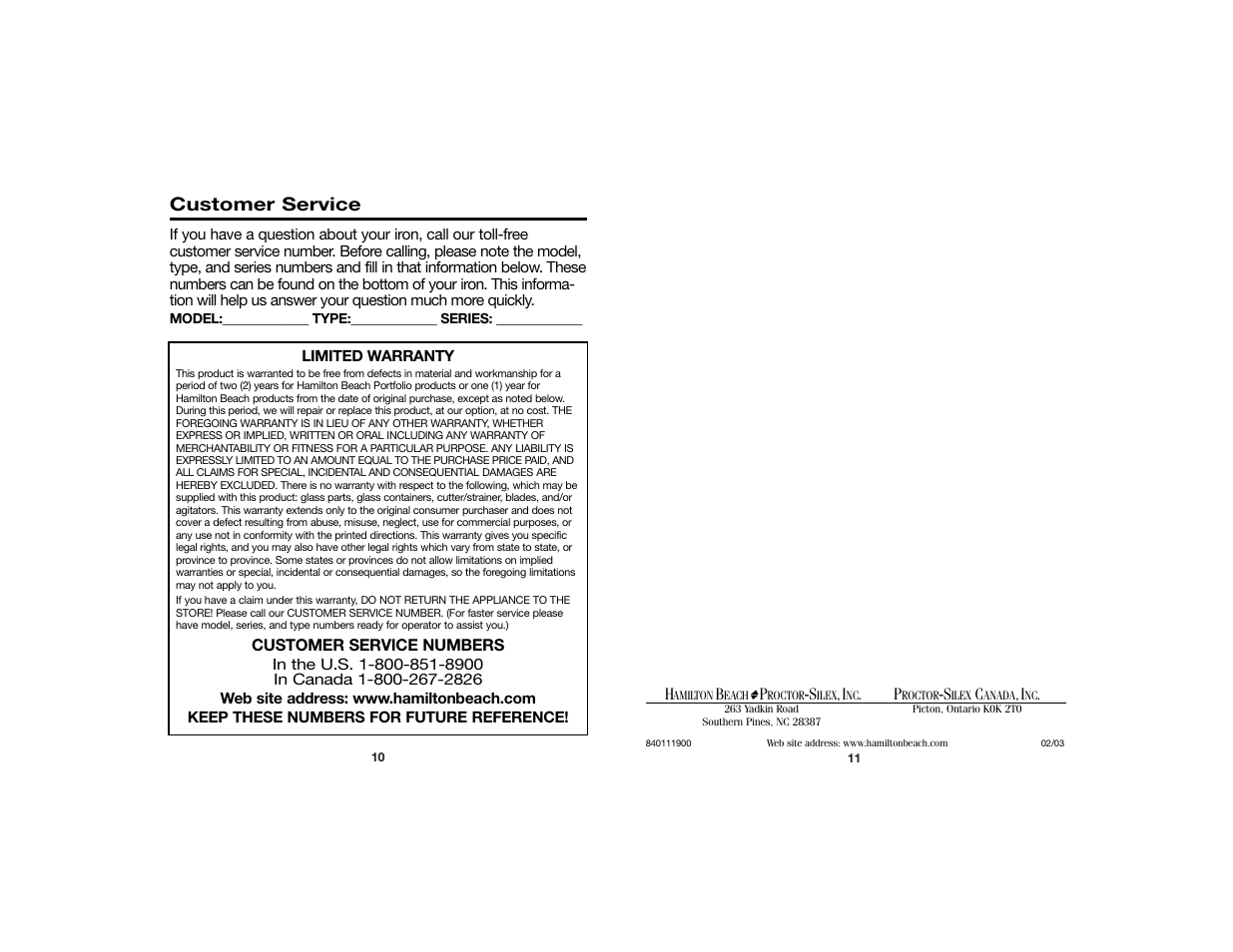 Customer service | Hamilton Beach 840111900 User Manual | Page 6 / 6