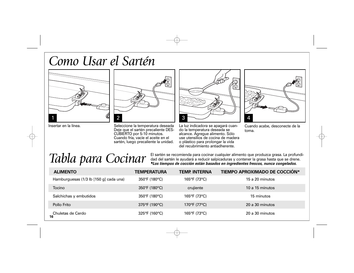 Como usar el sartén, Tabla para cocinar | Hamilton Beach 38540 User Manual | Page 16 / 20