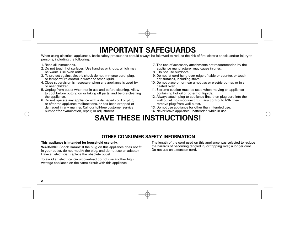 Save these instructions! important safeguards | Hamilton Beach 38540 User Manual | Page 2 / 20