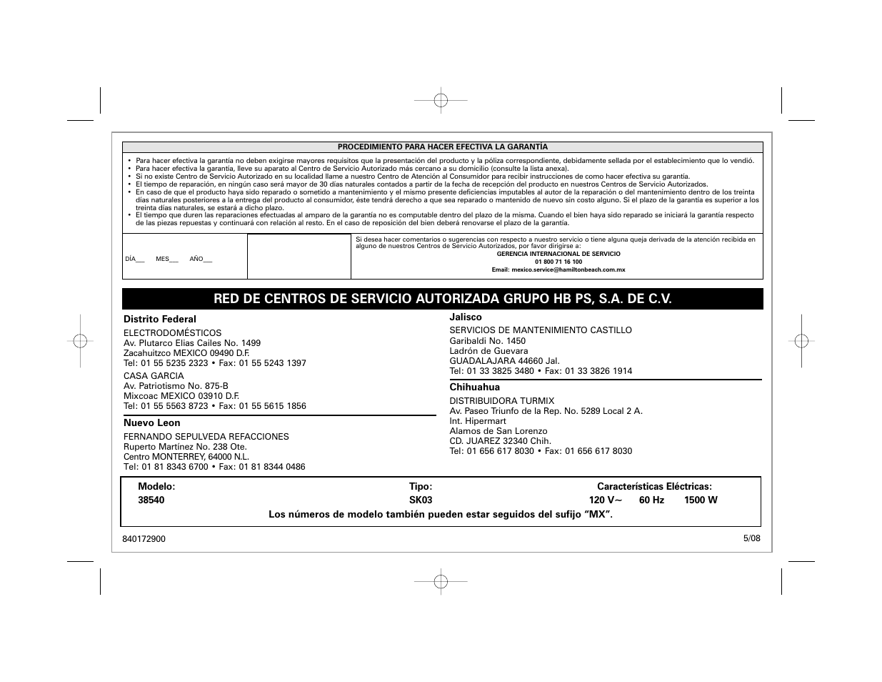 Hamilton Beach 38540 User Manual | Page 20 / 20