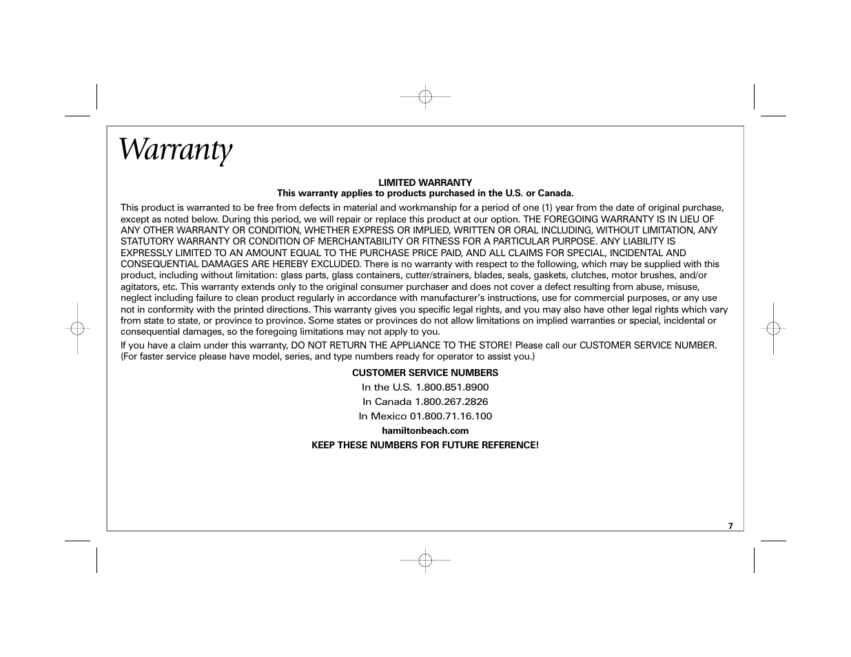 Warranty | Hamilton Beach 38540 User Manual | Page 7 / 20
