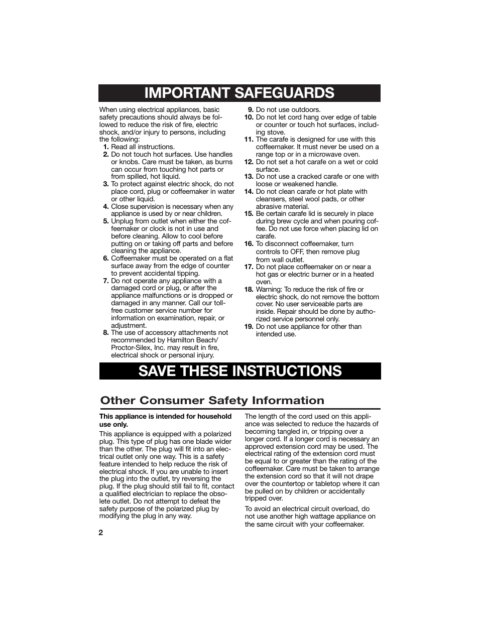 Important safeguards, Save these instructions, Other consumer safety information | Hamilton Beach 840124800 User Manual | Page 2 / 9