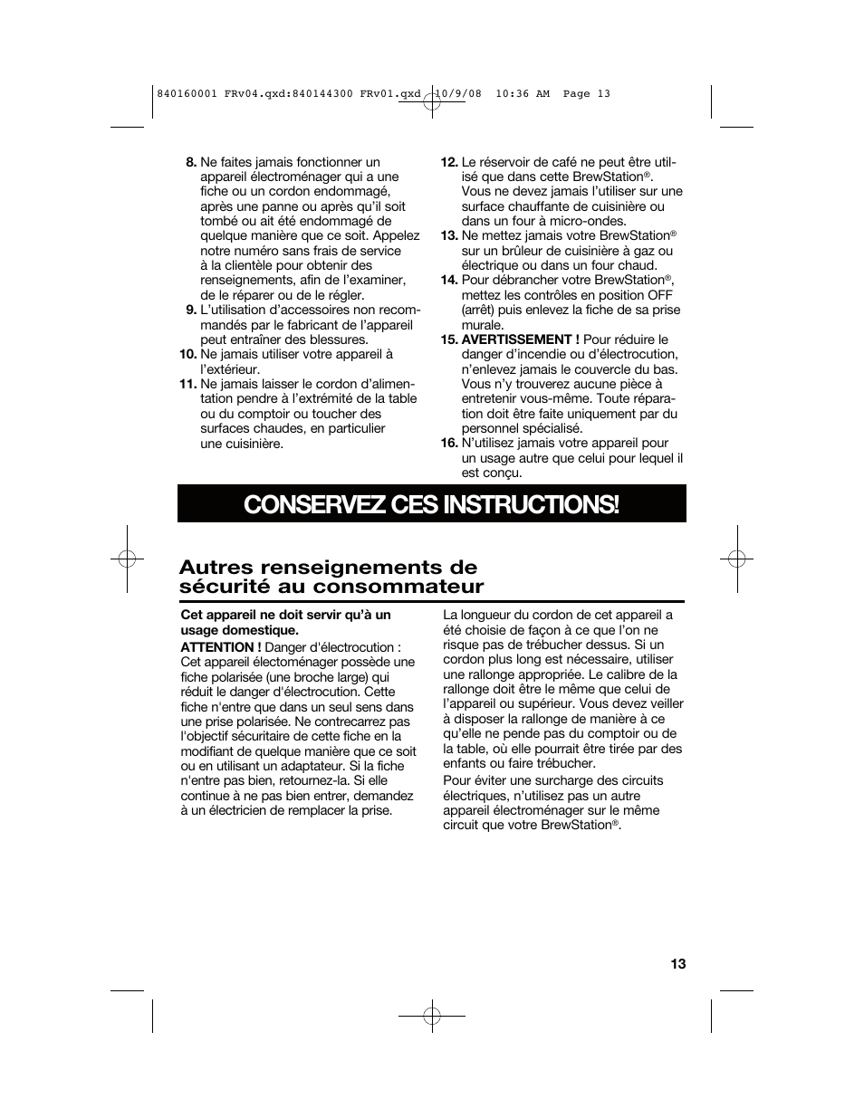 Conservez ces instructions, Autres renseignements de sécurité au consommateur | Hamilton Beach 47214 User Manual | Page 13 / 32