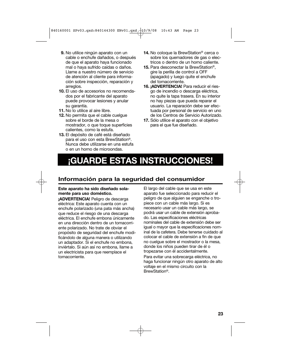 Guarde estas instrucciones, Información para la seguridad del consumidor | Hamilton Beach 47214 User Manual | Page 23 / 32