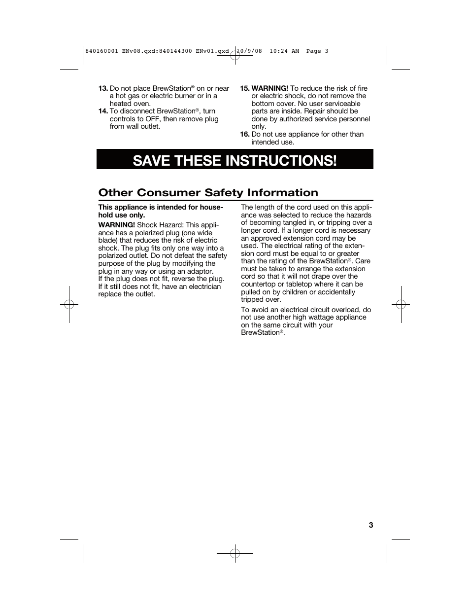 Save these instructions, Other consumer safety information | Hamilton Beach 47214 User Manual | Page 3 / 32