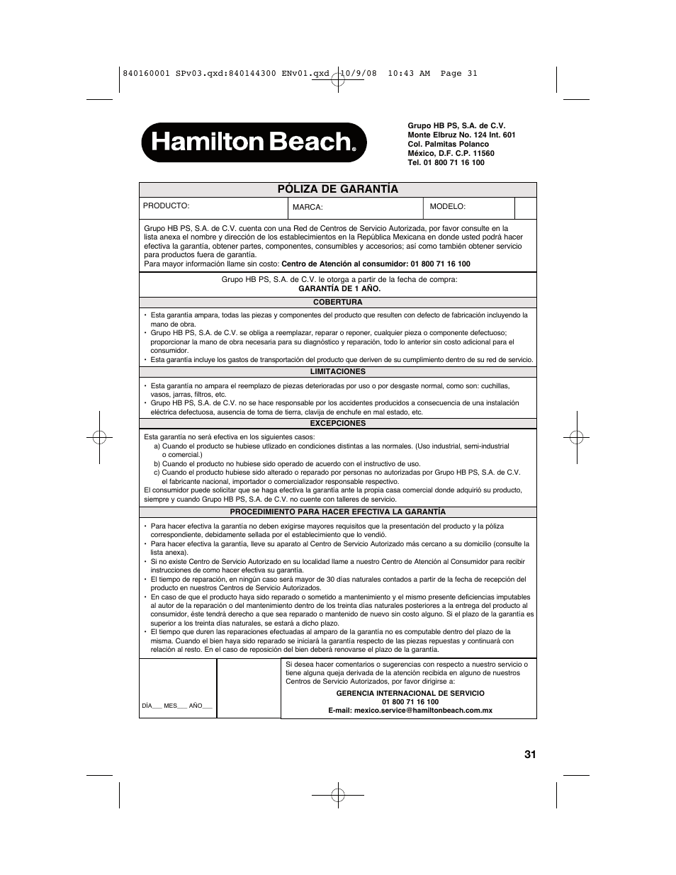 Póliza de garantía | Hamilton Beach 47214 User Manual | Page 31 / 32