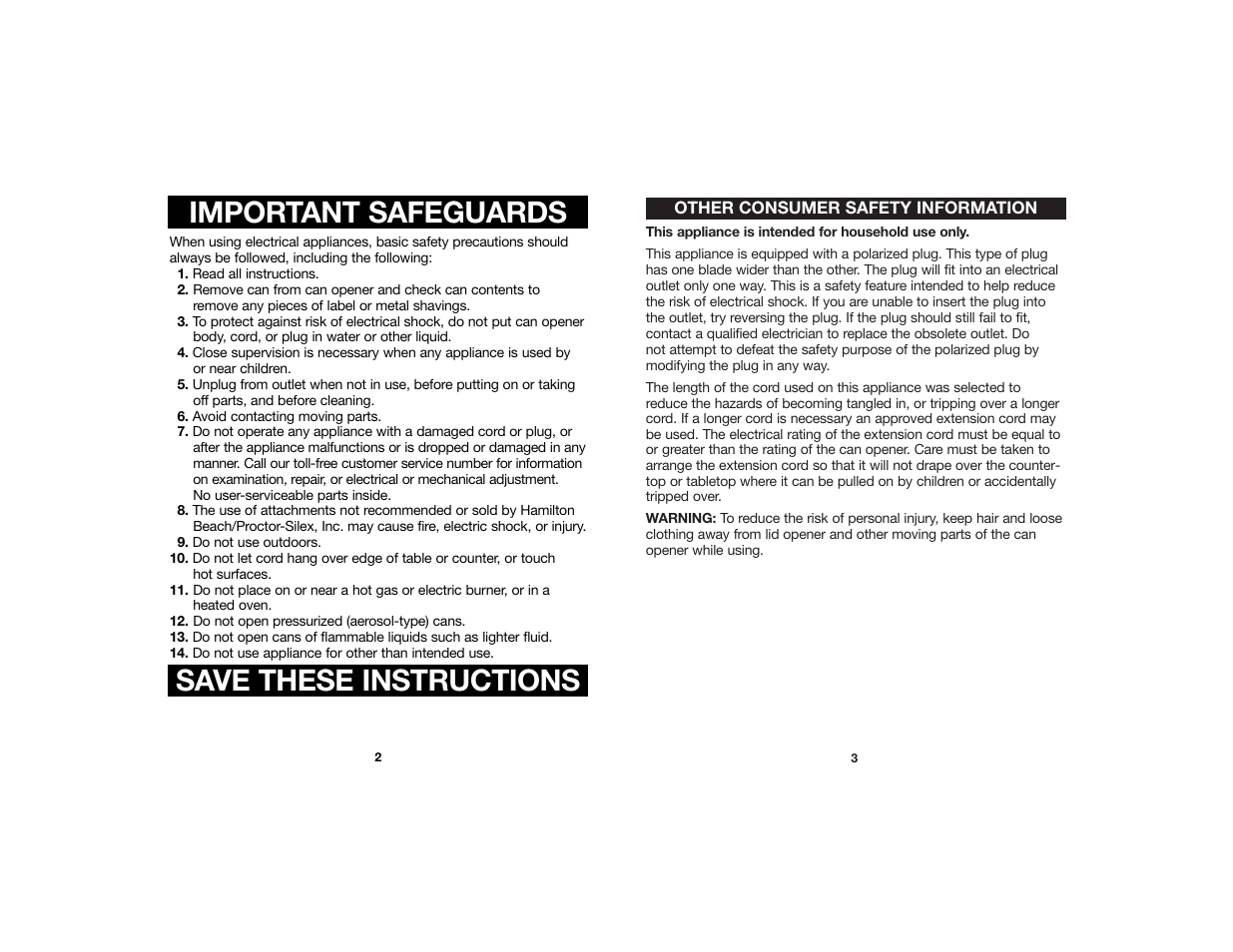 Important safeguards save these instructions | Hamilton Beach 840123500 User Manual | Page 2 / 5