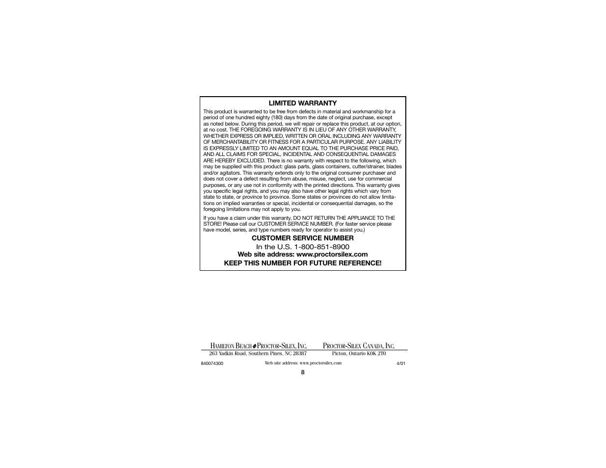 Hamilton Beach 840074300 User Manual | Page 5 / 5