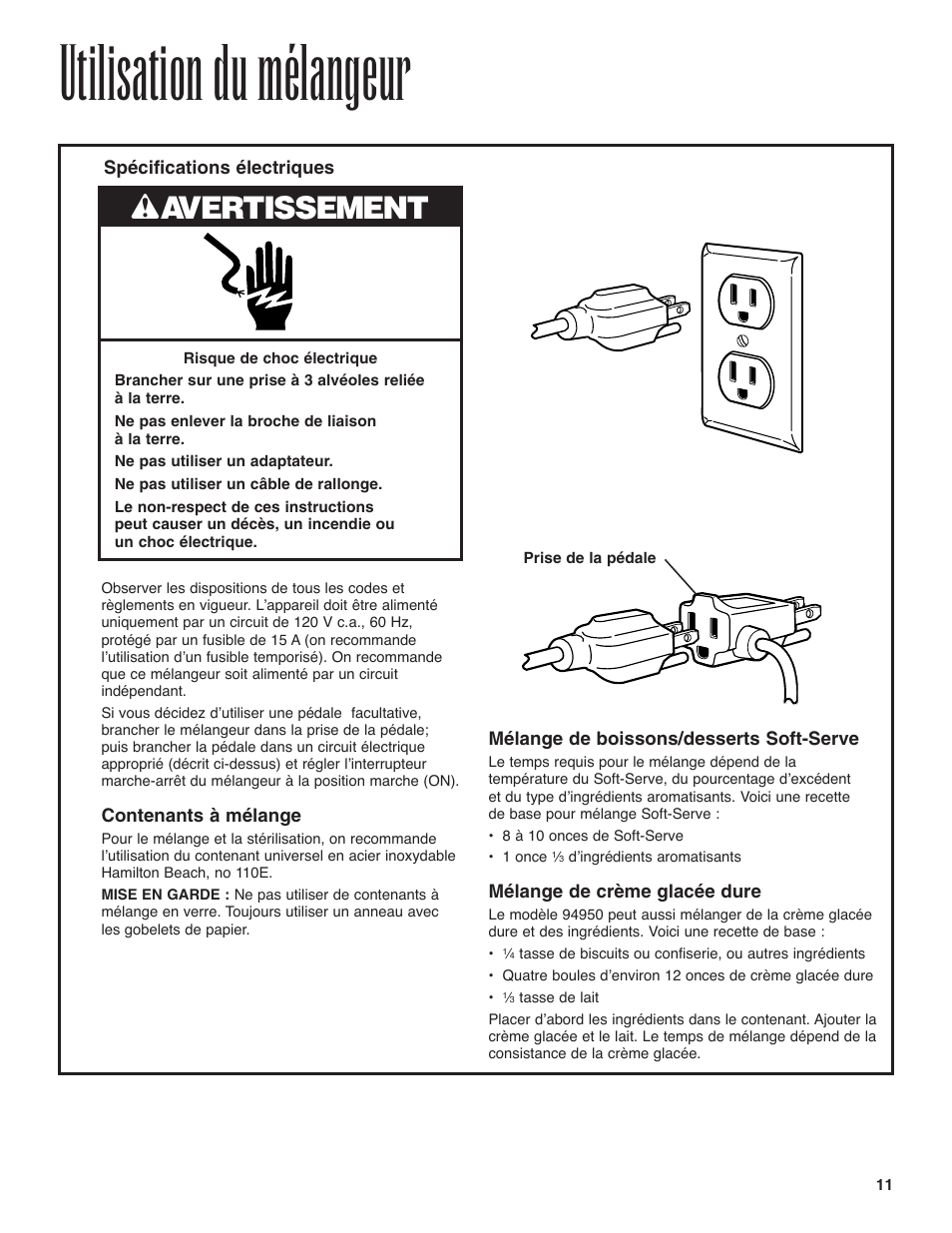 Utilisation du mélangeur, Wavertissement | Hamilton Beach 94950 User Manual | Page 11 / 24