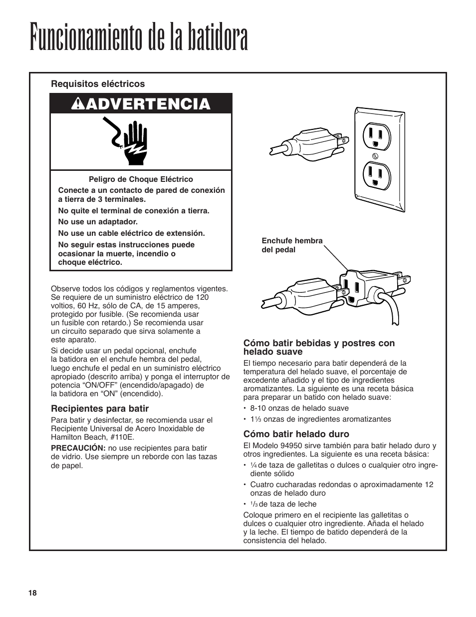 Funcionamiento de la batidora, Wadvertencia | Hamilton Beach 94950 User Manual | Page 18 / 24