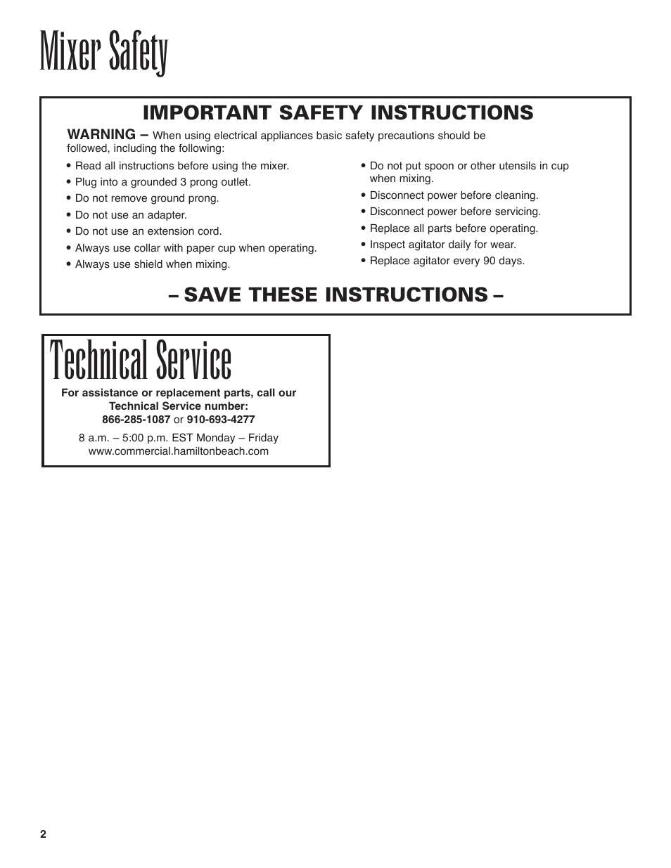 Mixer safety, Technical service, Important safety instructions | Save these instructions | Hamilton Beach 94950 User Manual | Page 2 / 24