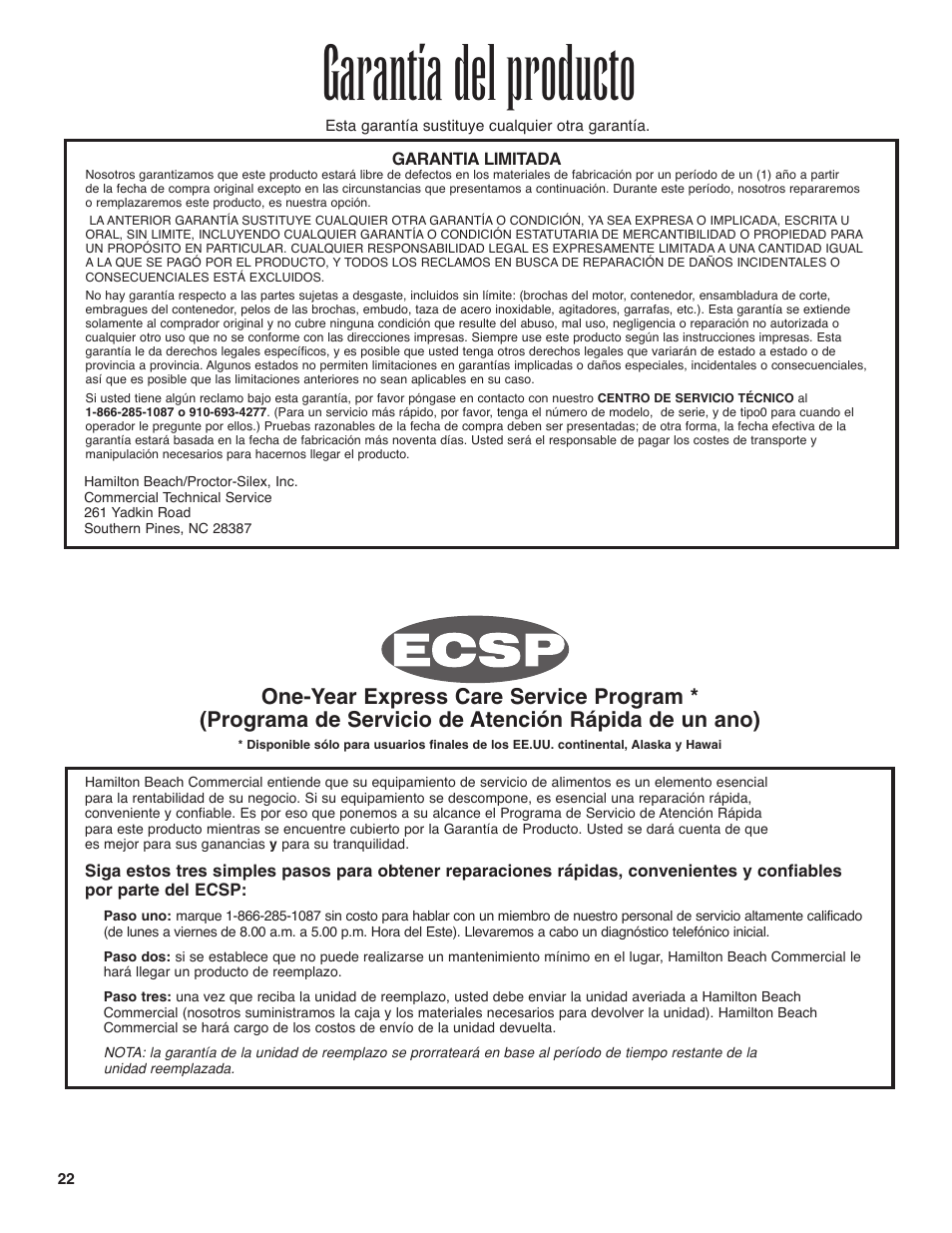 Garantía del producto | Hamilton Beach 94950 User Manual | Page 22 / 24