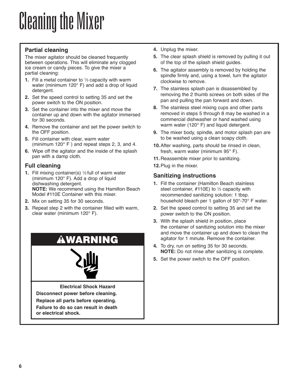 Cleaning the mixer, Wwarning | Hamilton Beach 94950 User Manual | Page 6 / 24