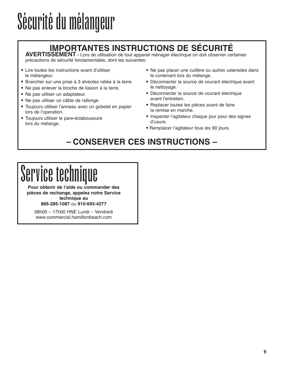 Sécurité du mélangeur, Service technique | Hamilton Beach 94950 User Manual | Page 9 / 24