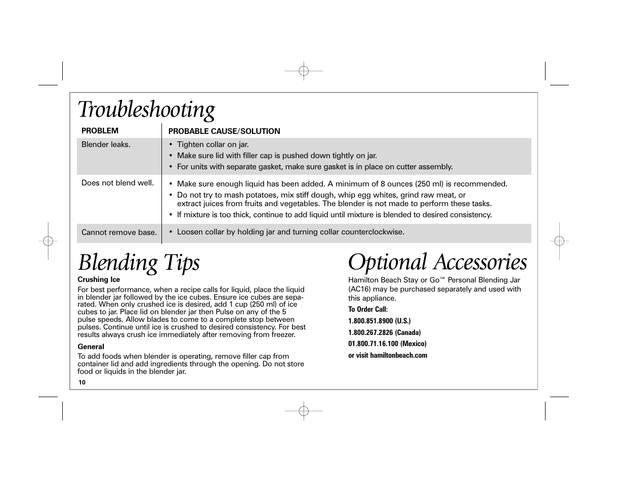 Troubleshooting, Blending tips, Optional accessories | Hamilton Beach 840164501 User Manual | Page 10 / 36