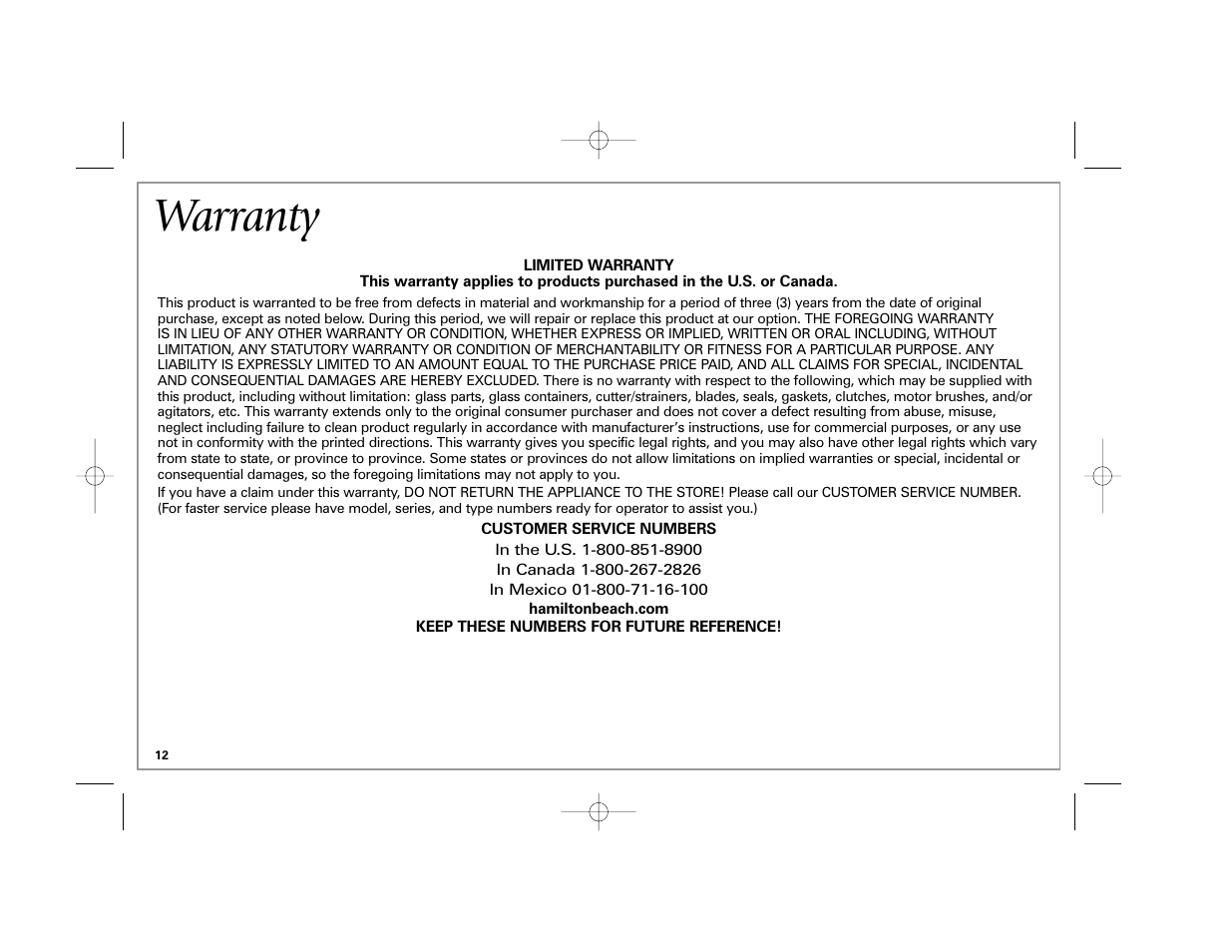 Warranty | Hamilton Beach 840164501 User Manual | Page 12 / 36