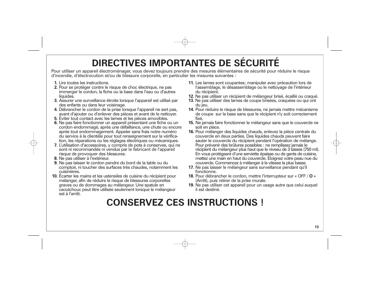Directives importantes de sécurité, Conservez ces instructions | Hamilton Beach 840164501 User Manual | Page 13 / 36