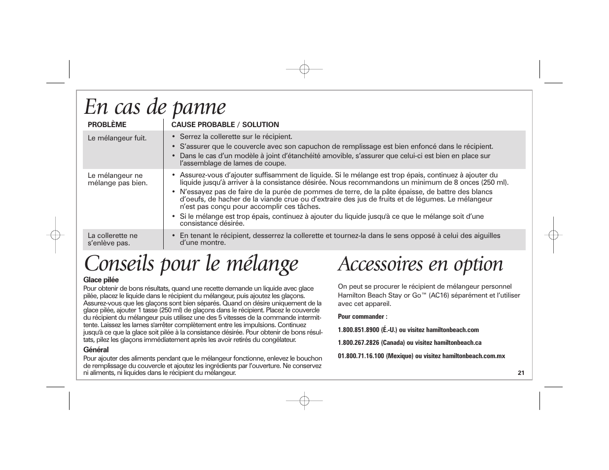 Conseils pour le mélange, En cas de panne, Accessoires en option | Hamilton Beach 840164501 User Manual | Page 21 / 36