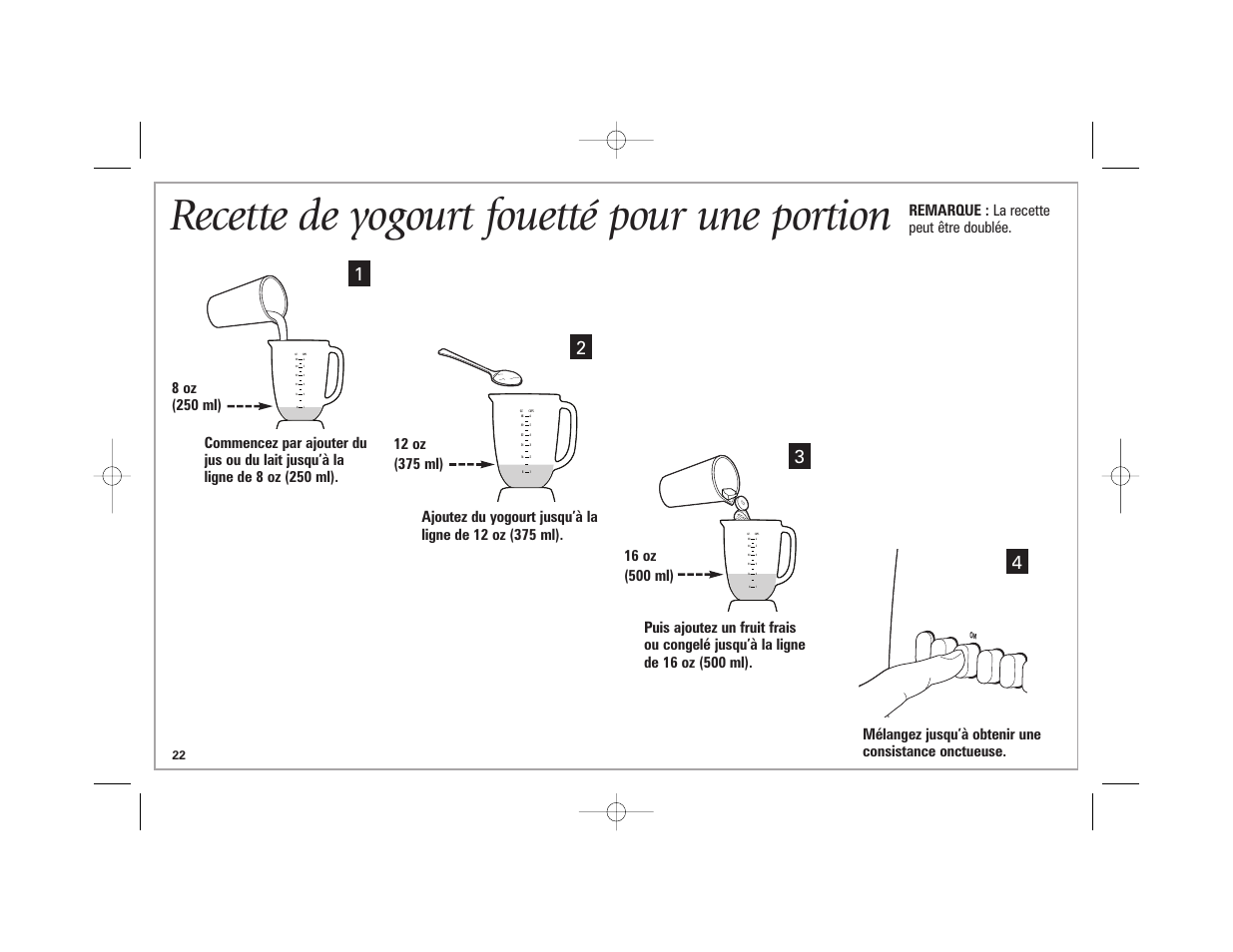 Recette de yogourt fouetté pour une portion | Hamilton Beach 840164501 User Manual | Page 22 / 36