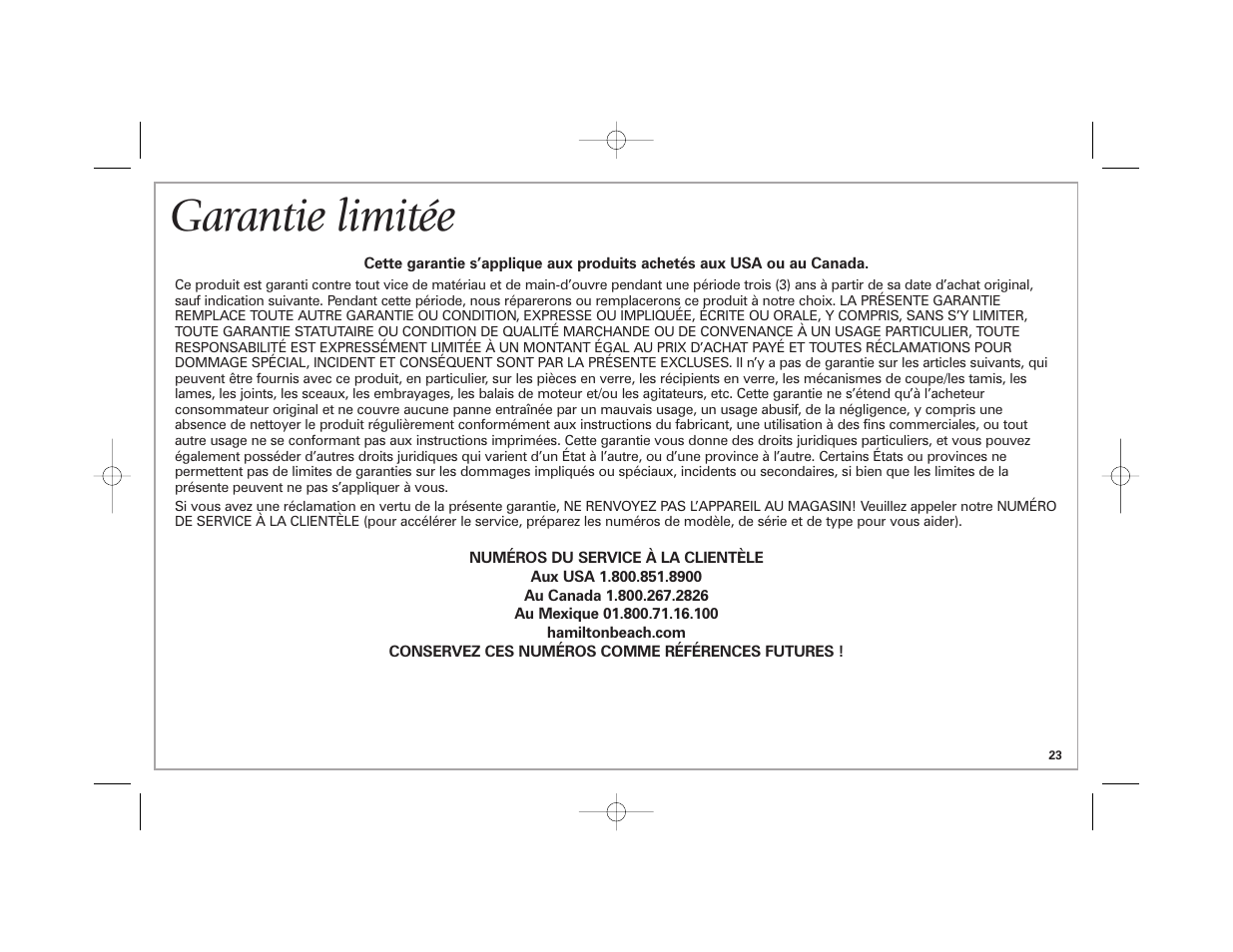 Garantie limitée | Hamilton Beach 840164501 User Manual | Page 23 / 36