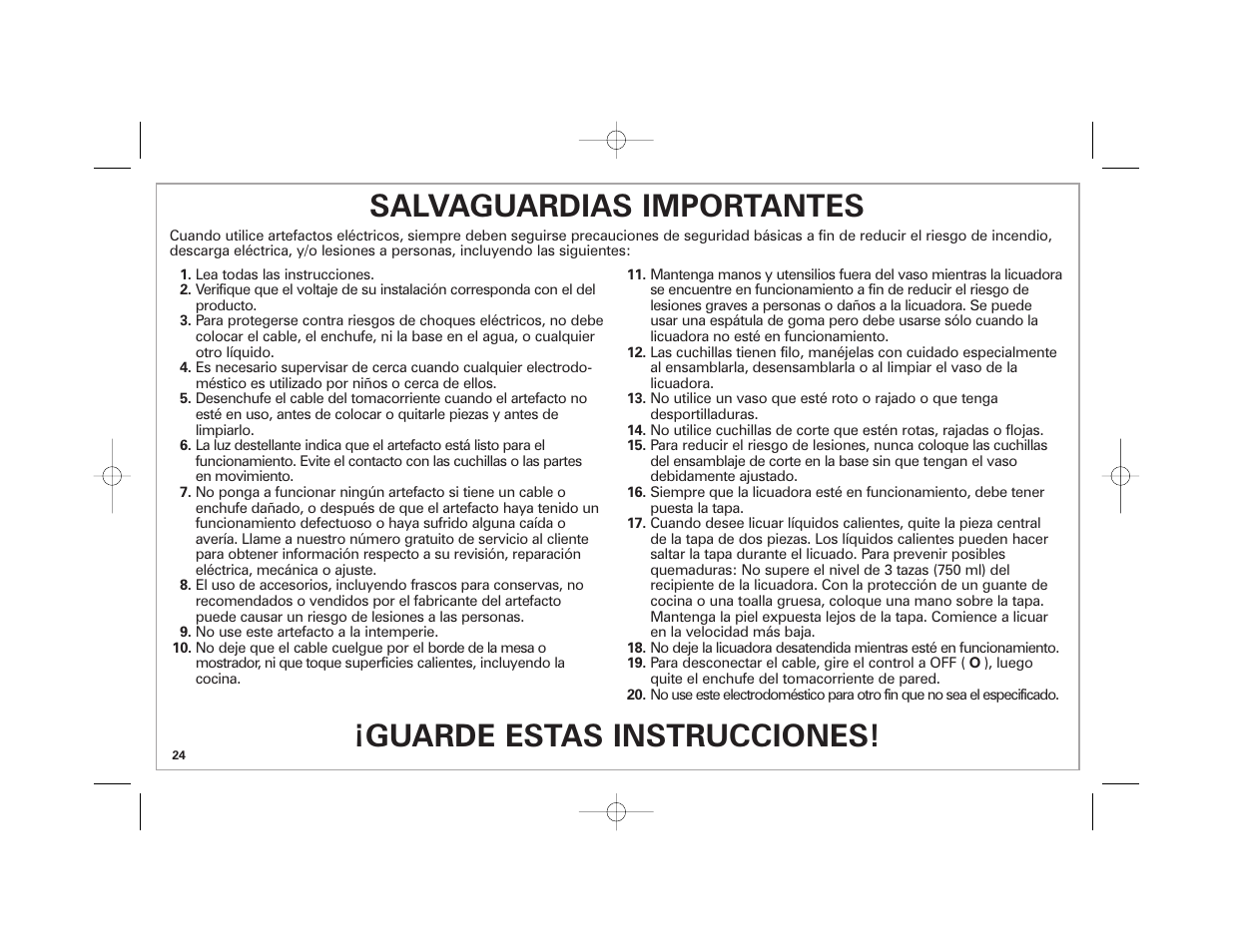 Salvaguardias importantes, Guarde estas instrucciones | Hamilton Beach 840164501 User Manual | Page 24 / 36