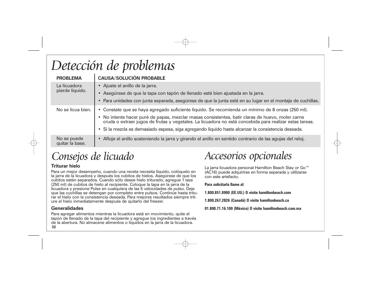 Detección de problemas, Consejos de licuado, Accesorios opcionales | Hamilton Beach 840164501 User Manual | Page 32 / 36