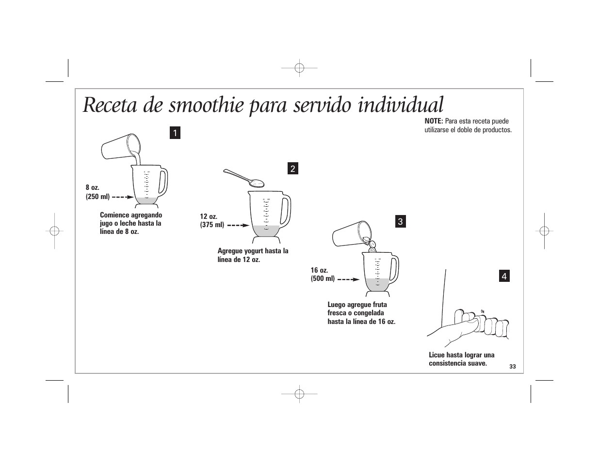 Receta de smoothie para servido individual | Hamilton Beach 840164501 User Manual | Page 33 / 36