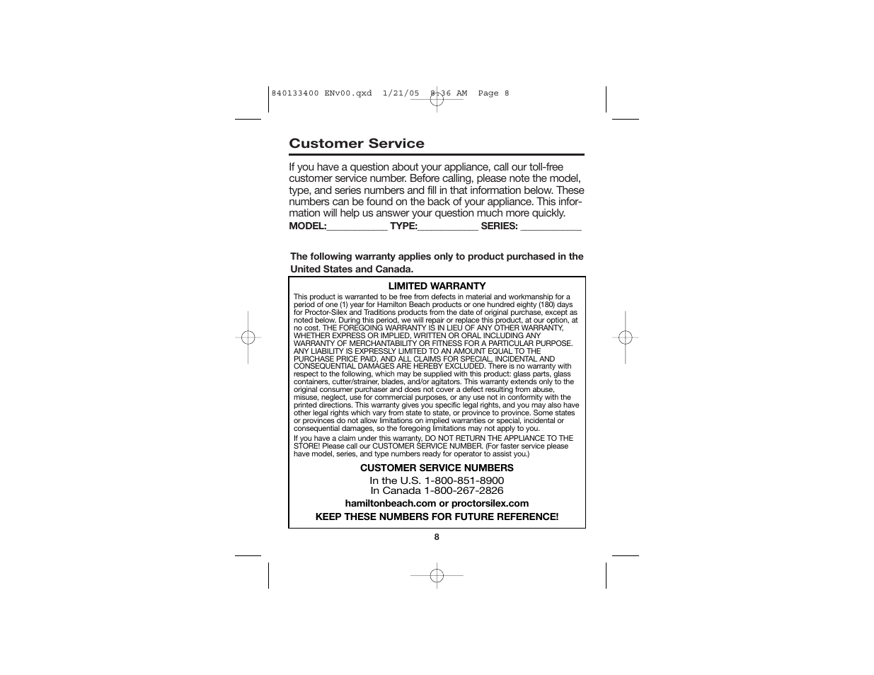 Customer service | Hamilton Beach Walk-n-Cut 76500 User Manual | Page 5 / 15