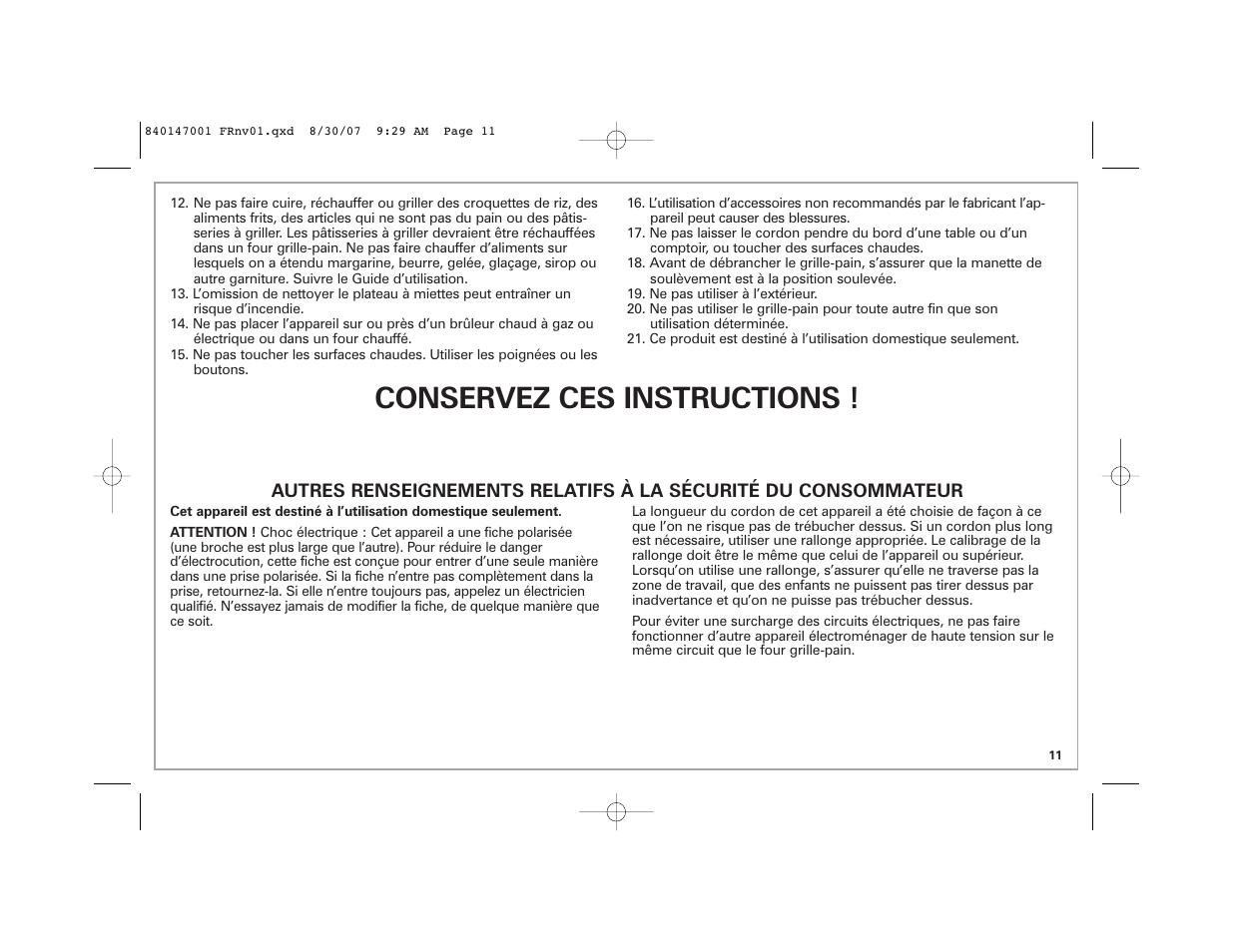 Conservez ces instructions | Hamilton Beach 2-Slice Toaster User Manual | Page 11 / 28