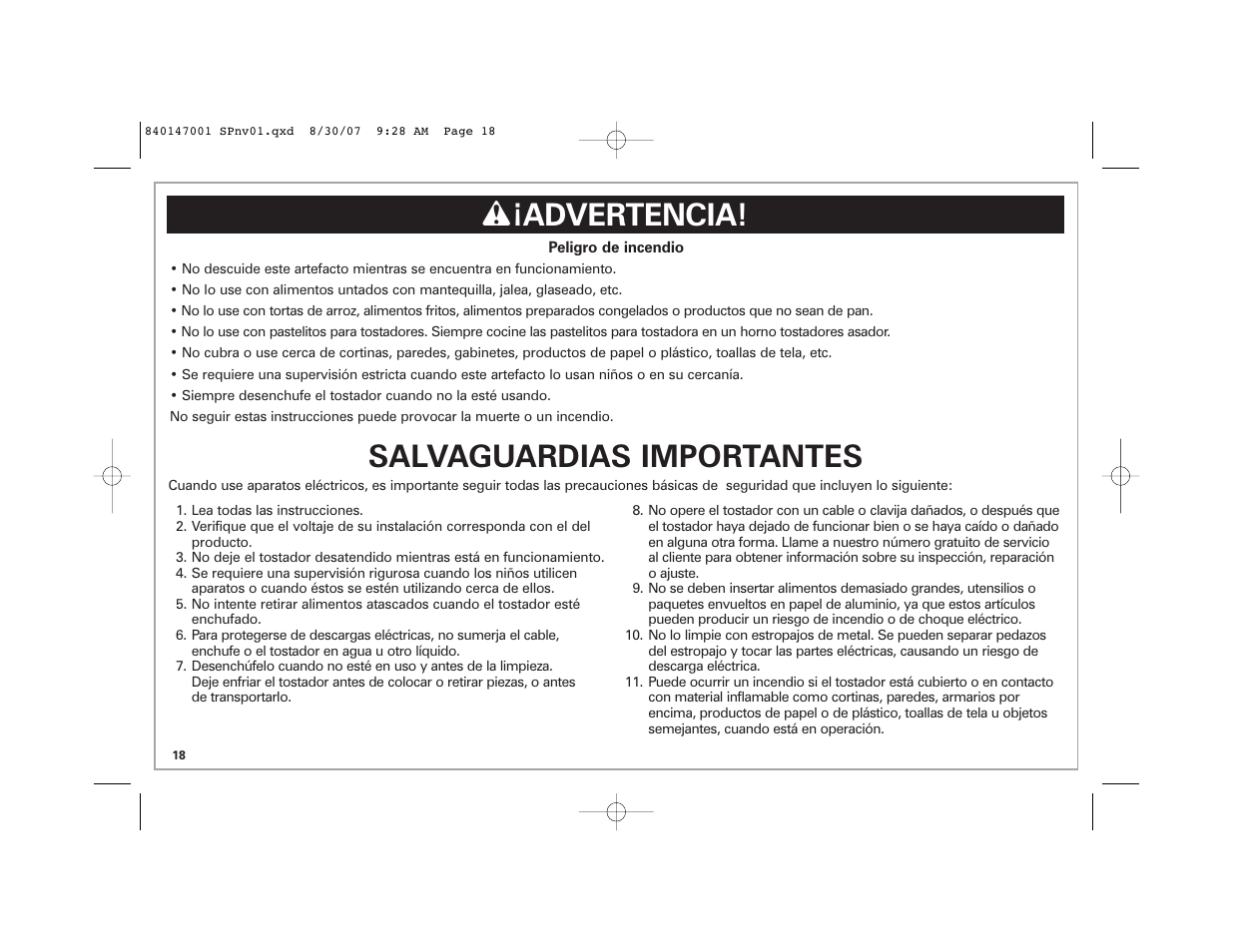 Salvaguardias importantes, W ¡advertencia | Hamilton Beach 2-Slice Toaster User Manual | Page 18 / 28