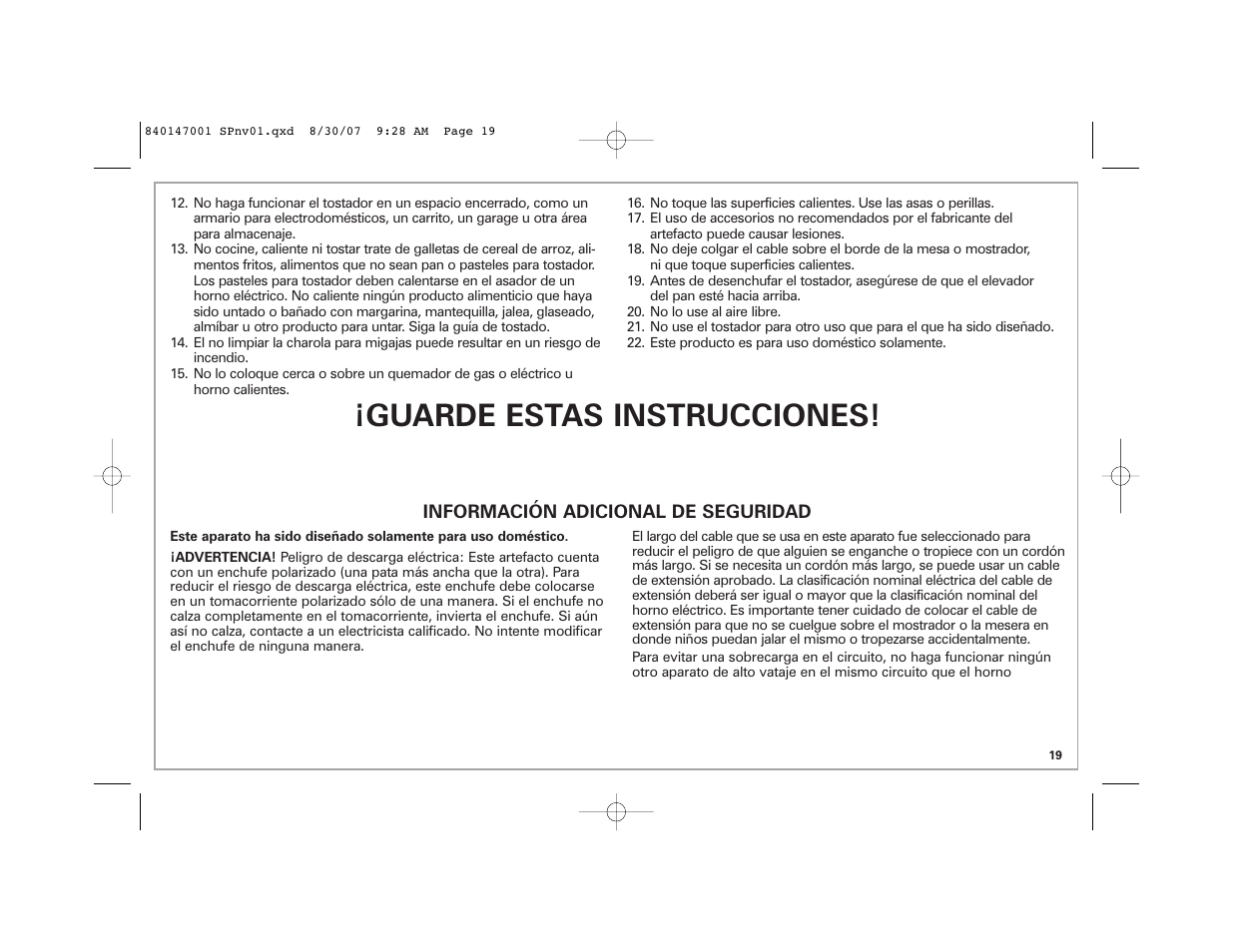 Guarde estas instrucciones | Hamilton Beach 2-Slice Toaster User Manual | Page 19 / 28