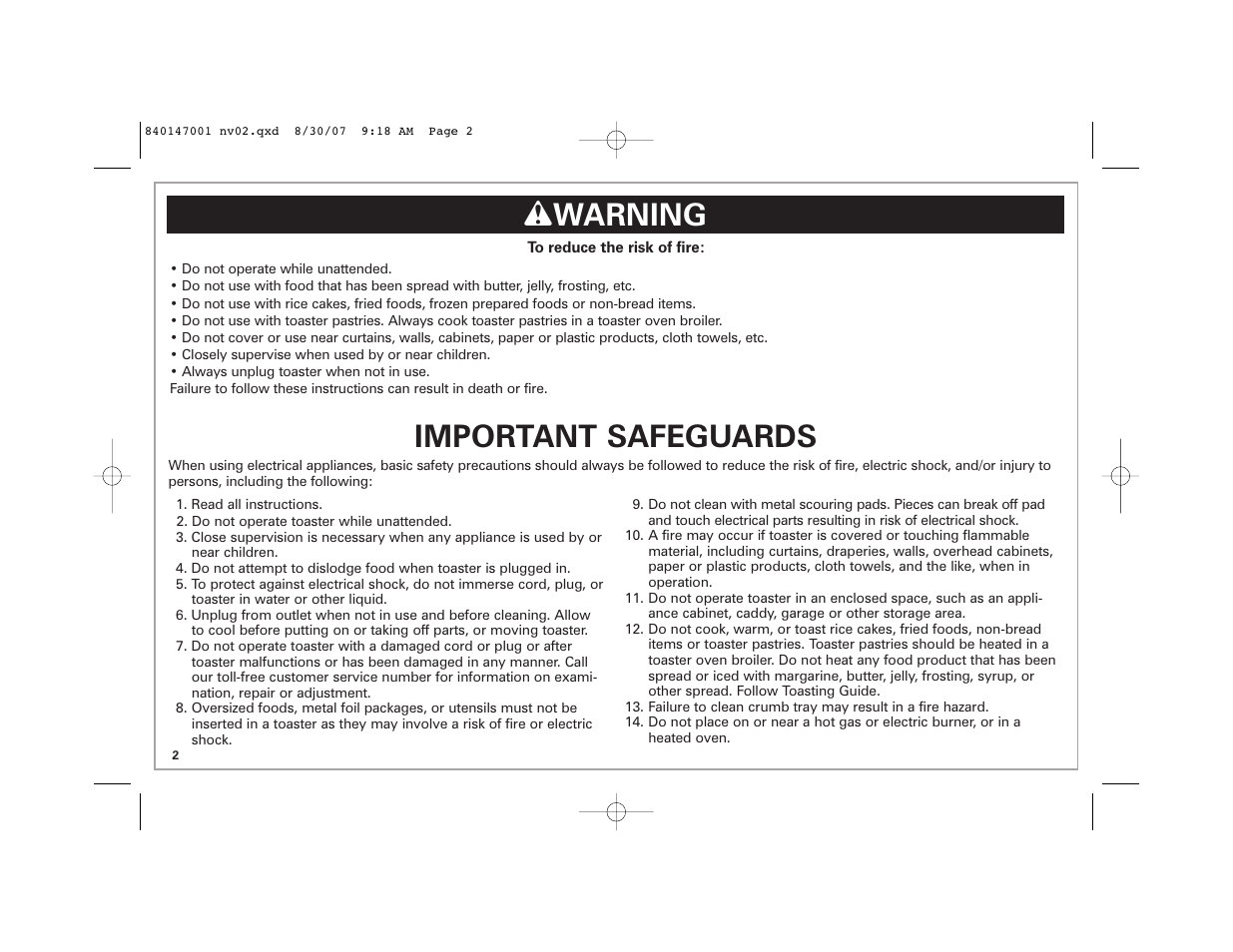 Important safeguards, W warning | Hamilton Beach 2-Slice Toaster User Manual | Page 2 / 28