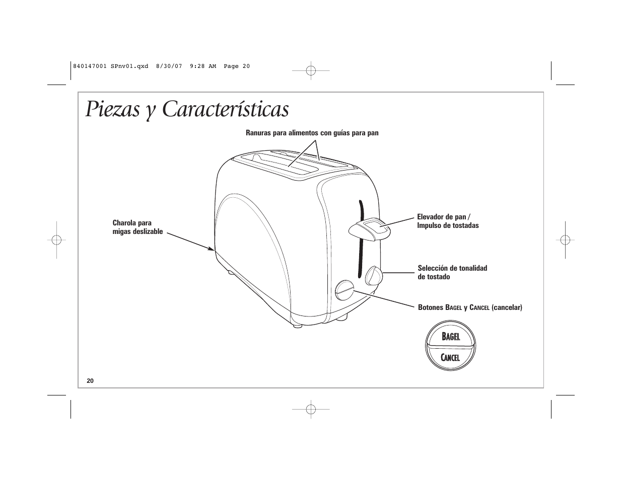 Piezas y características | Hamilton Beach 2-Slice Toaster User Manual | Page 20 / 28