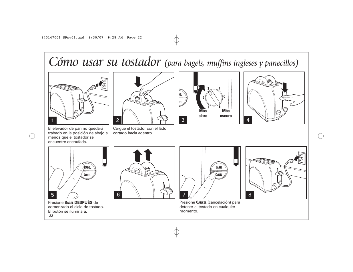Cómo usar su tostador, Para bagels, muffins ingleses y panecillos) | Hamilton Beach 2-Slice Toaster User Manual | Page 22 / 28