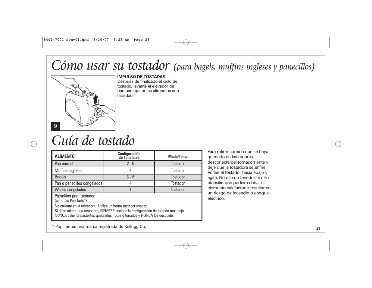 Guía de tostado cómo usar su tostador, Para bagels, muffins ingleses y panecillos) | Hamilton Beach 2-Slice Toaster User Manual | Page 23 / 28