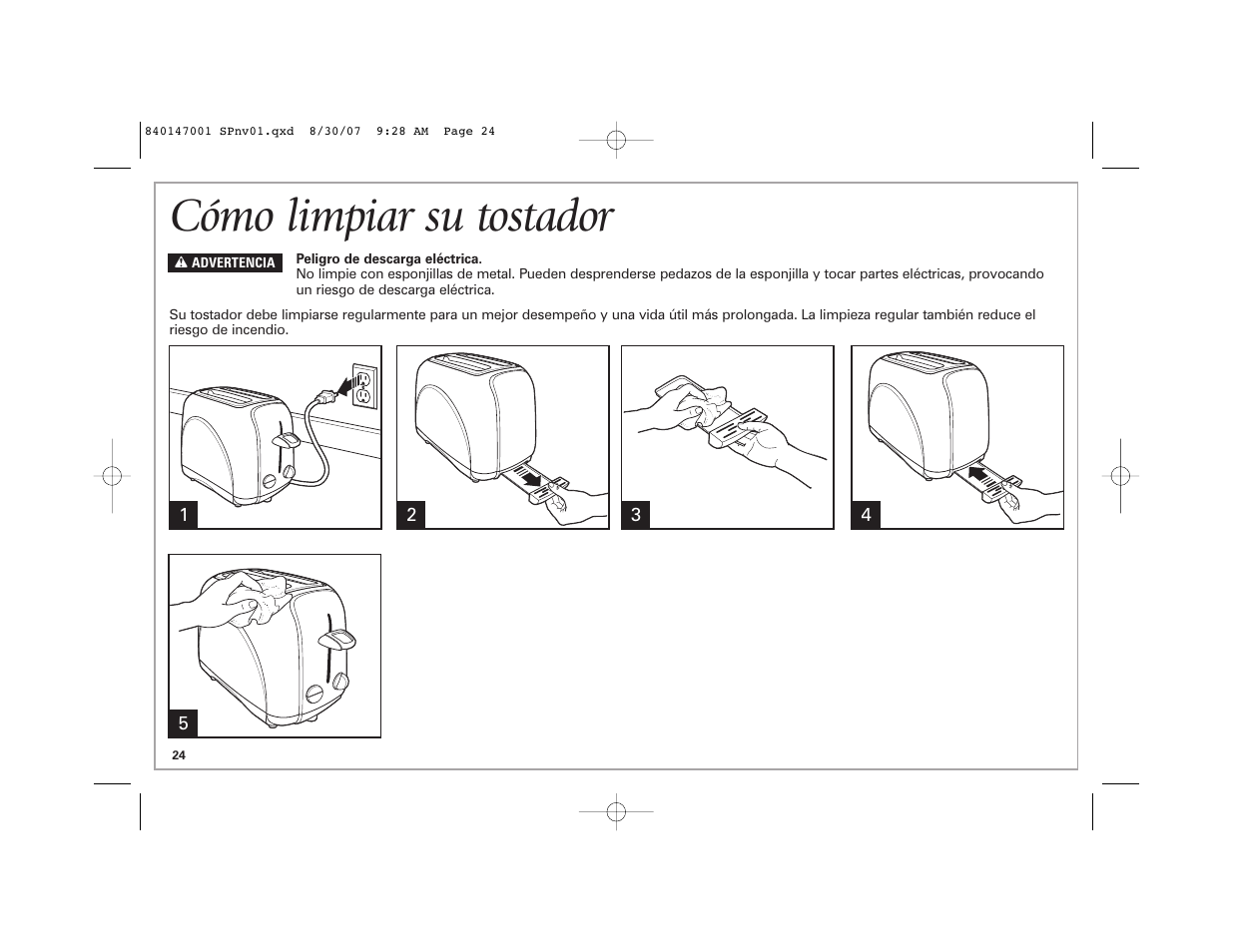 Cómo limpiar su tostador | Hamilton Beach 2-Slice Toaster User Manual | Page 24 / 28