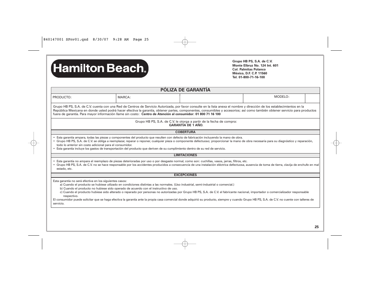 Póliza de garantía | Hamilton Beach 2-Slice Toaster User Manual | Page 25 / 28