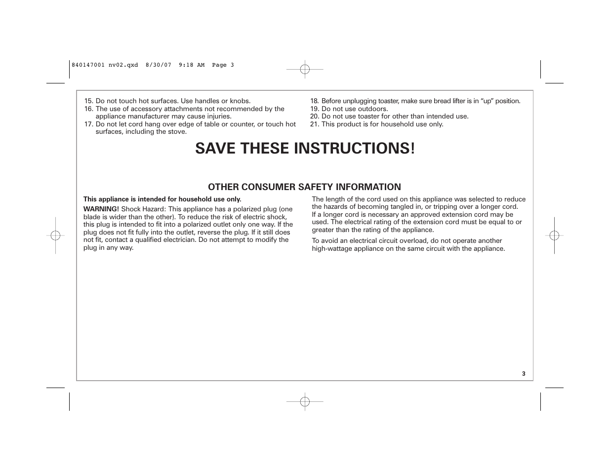 Save these instructions | Hamilton Beach 2-Slice Toaster User Manual | Page 3 / 28