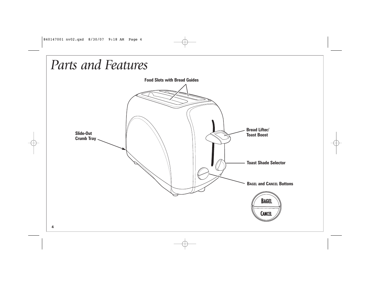 Parts and features | Hamilton Beach 2-Slice Toaster User Manual | Page 4 / 28