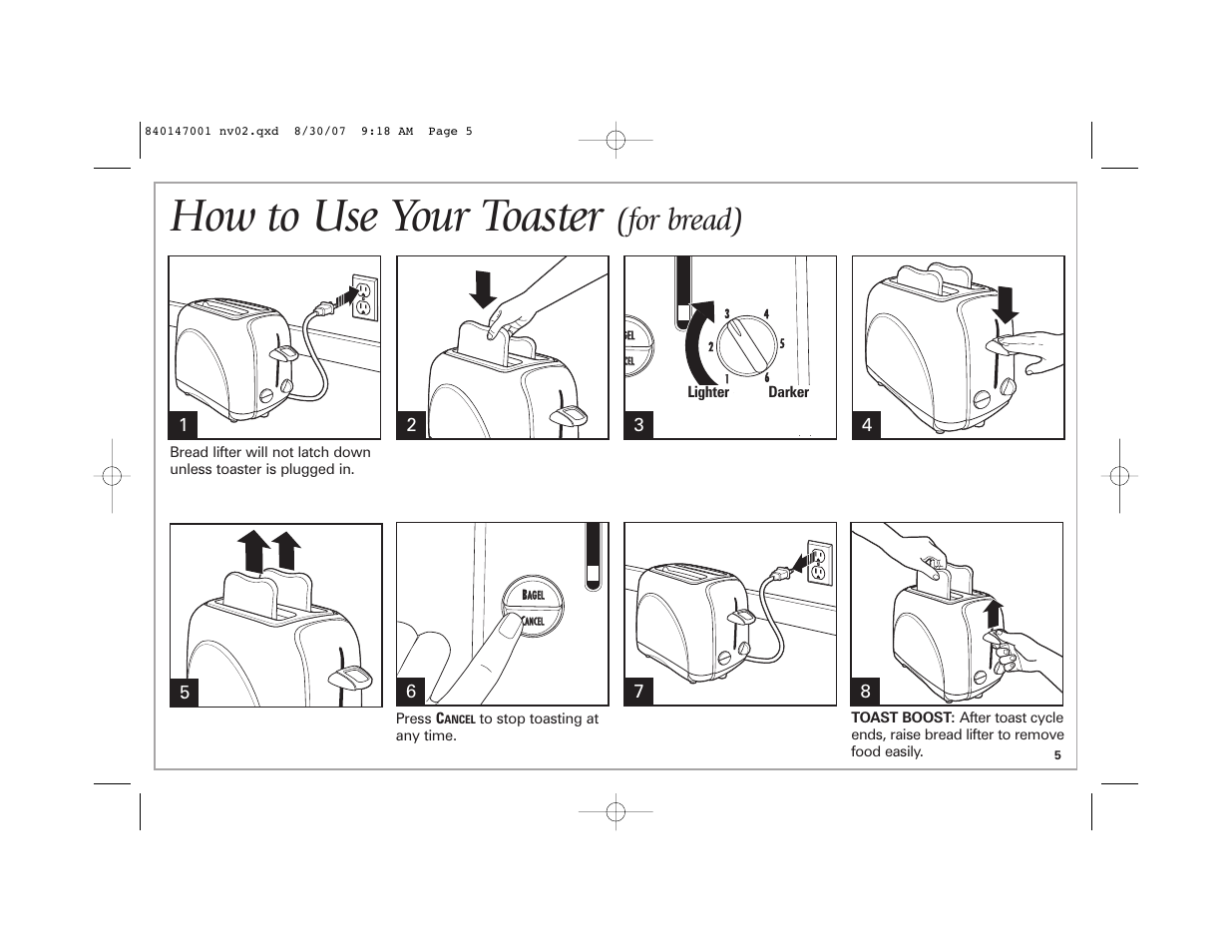 How to use your toaster, For bread) | Hamilton Beach 2-Slice Toaster User Manual | Page 5 / 28