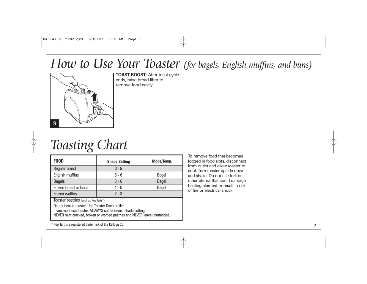 Toasting chart how to use your toaster, For bagels, english muffins, and buns) | Hamilton Beach 2-Slice Toaster User Manual | Page 7 / 28