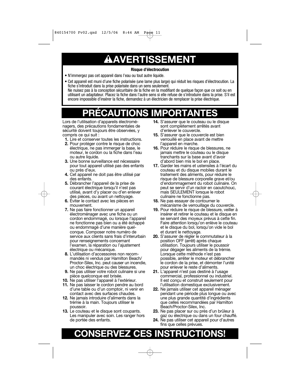 W avertissement, Précautions importantes, Conservez ces instructions | Hamilton Beach 70610C User Manual | Page 11 / 32