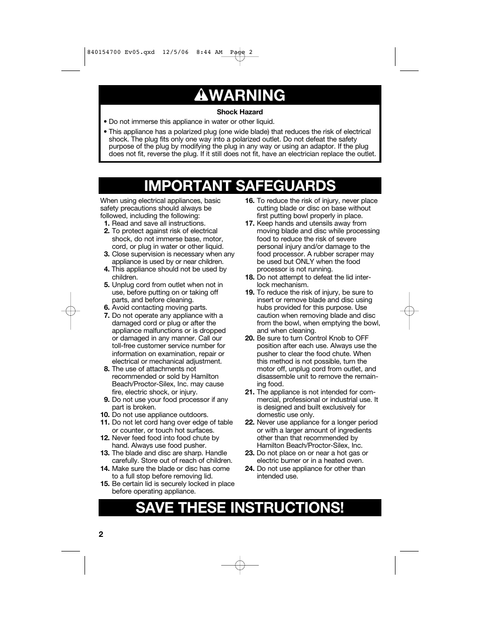 W warning, Important safeguards save these instructions | Hamilton Beach 70610C User Manual | Page 2 / 32