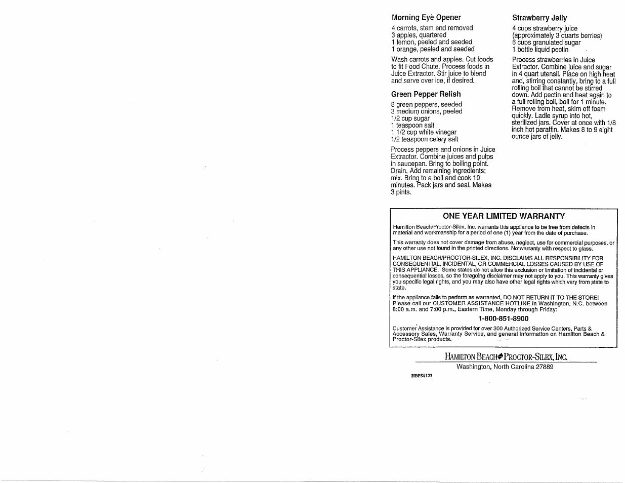 Morning eye opener, Green pepper relish, Strawberry jelly | One year limited warranty, Amilton, Each, Rogtor, Ilex | Hamilton Beach 395W User Manual | Page 5 / 5