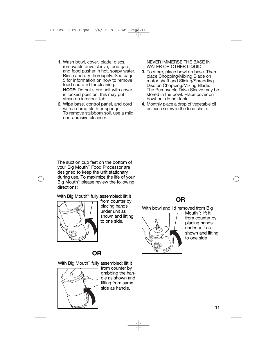 Cleaning, storage and maintenance, How to release suction cup feet after use | Hamilton Beach 70590C User Manual | Page 11 / 52