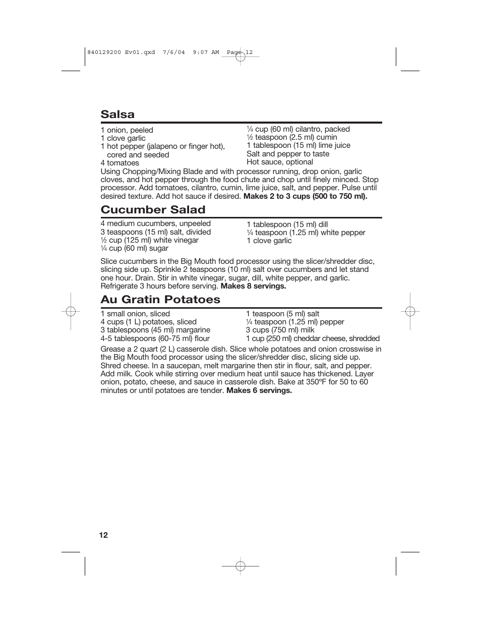 Recipes, Salsa, Cucumber salad | Au gratin potatoes | Hamilton Beach 70590C User Manual | Page 12 / 52