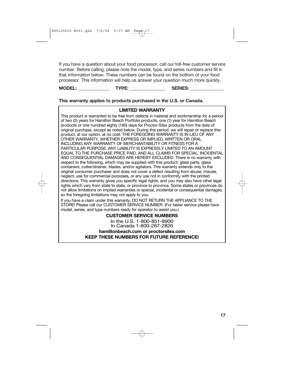 Customer service | Hamilton Beach 70590C User Manual | Page 17 / 52