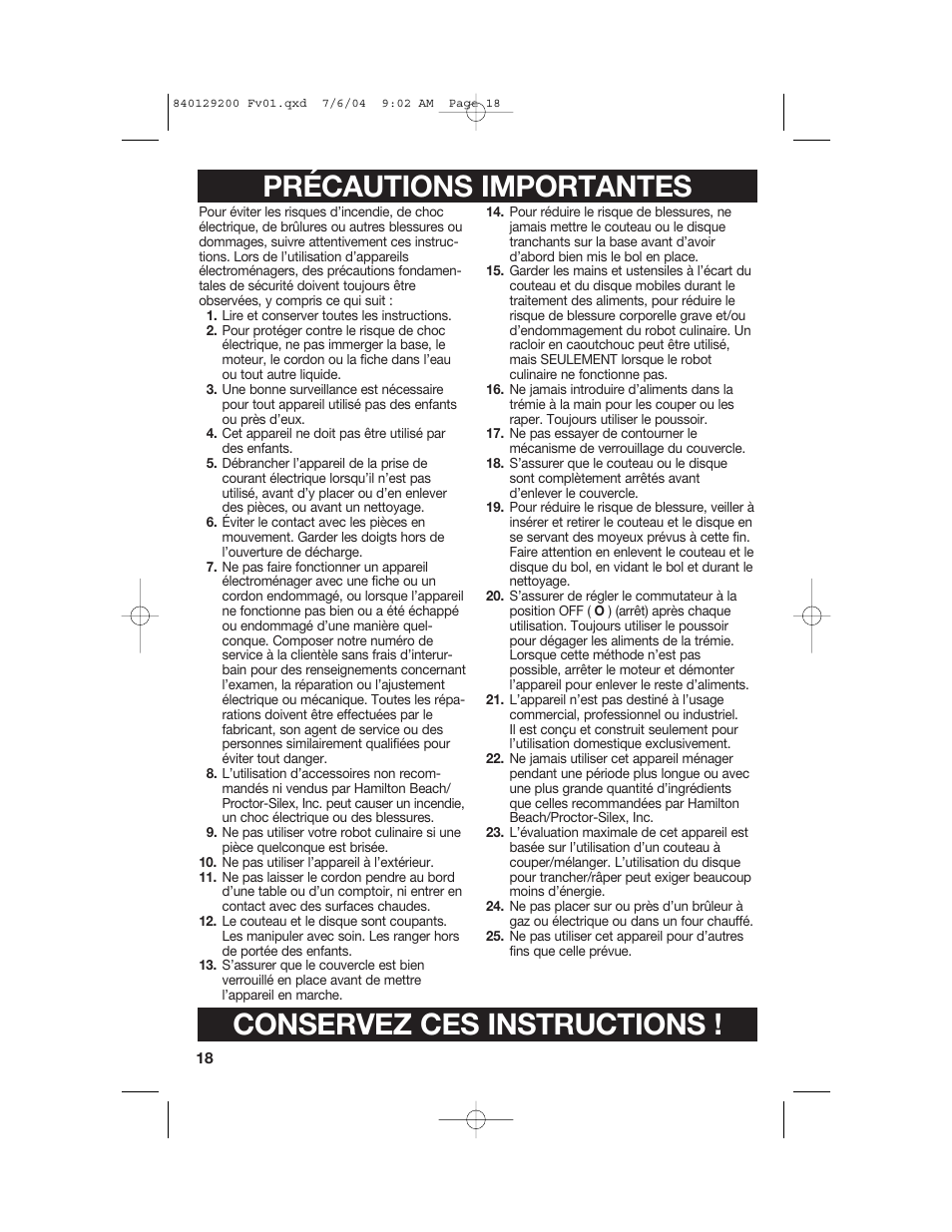 Précautions importantes conservez ces instructions | Hamilton Beach 70590C User Manual | Page 18 / 52