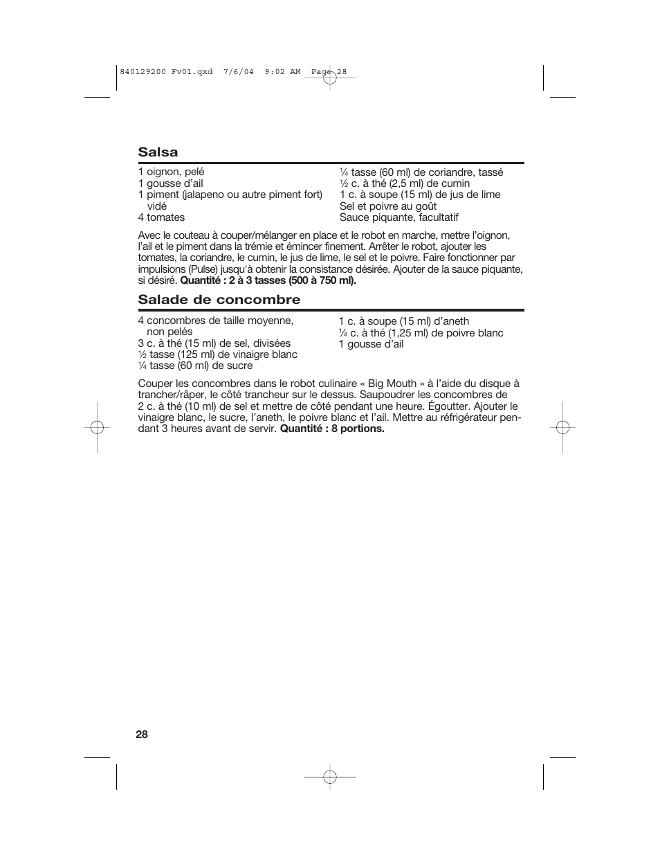 Recettes, Salsa, Salade de concombre | Hamilton Beach 70590C User Manual | Page 28 / 52