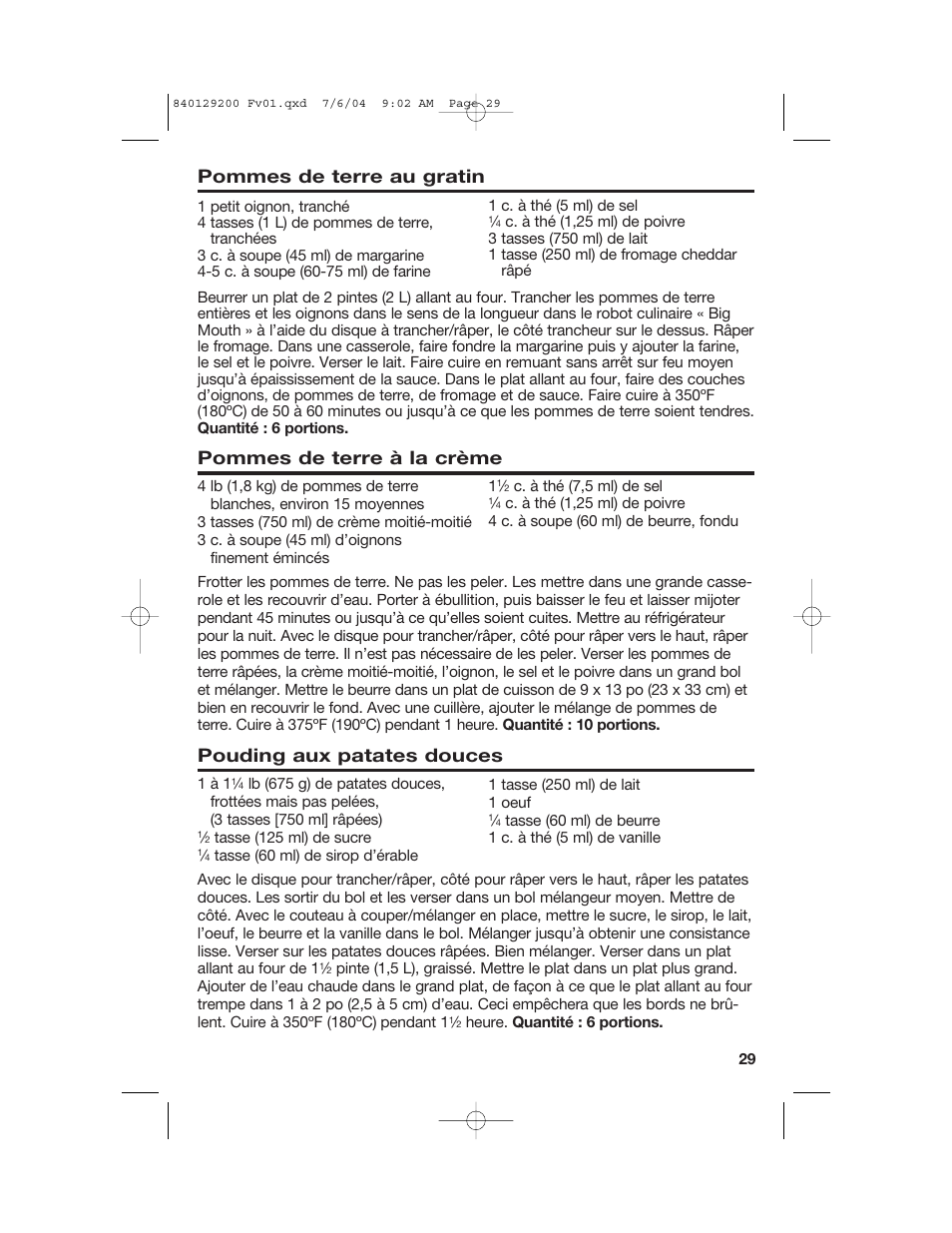 Pommes de terre au gratin, Pommes de terre à la crème, Pouding aux patates douces | Hamilton Beach 70590C User Manual | Page 29 / 52